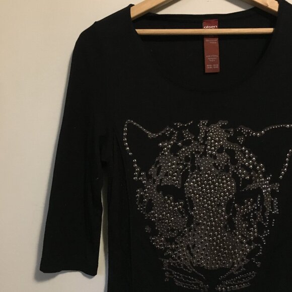 Olsen Europe Metal Studded Big Cat Head Black Shirt - Picture 7 of 15
